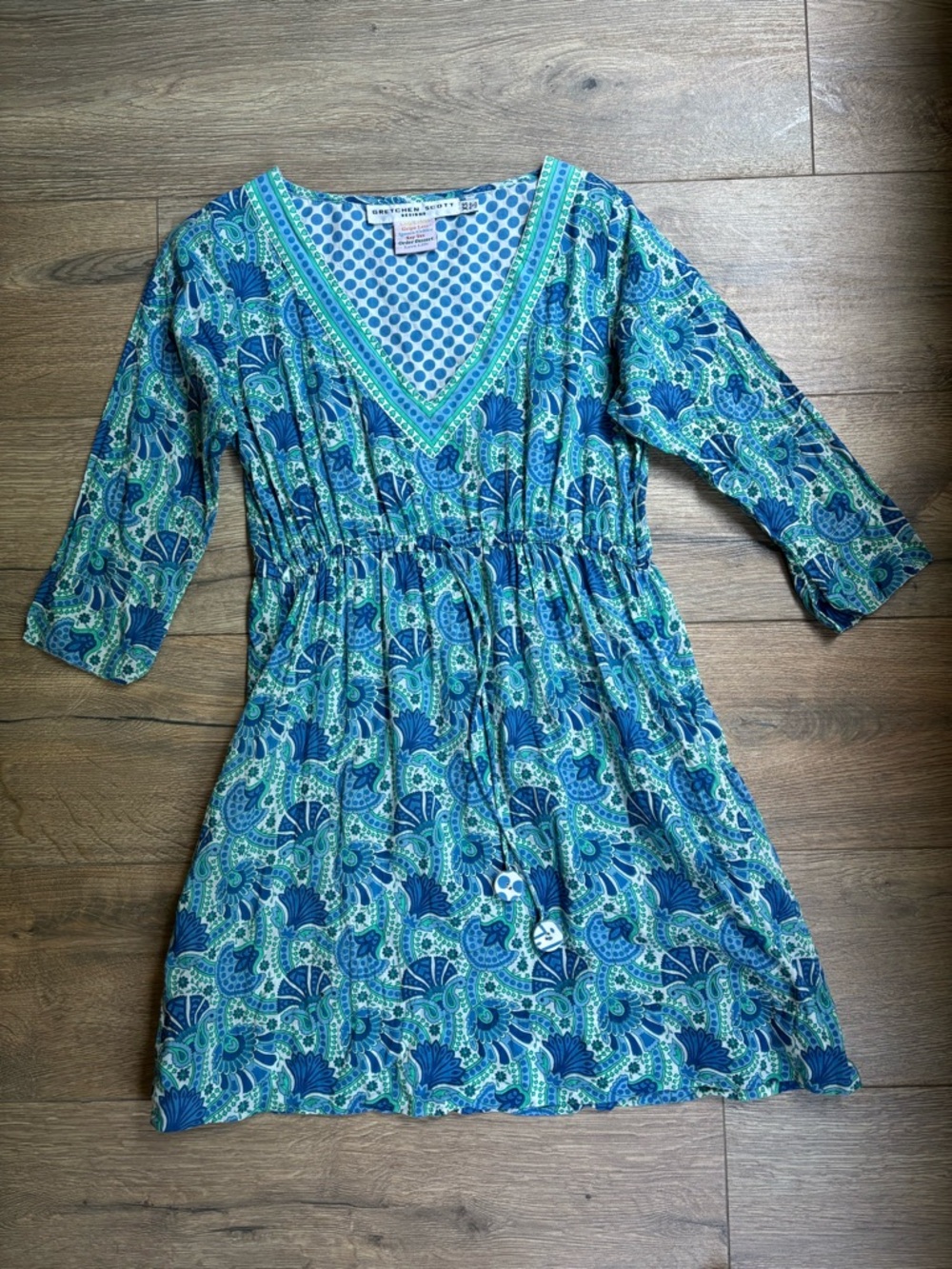 Gretchen Scott Blue Paisley Resort Dress XS | Boho Tunic Mini Coverup - Picture 2 of 15